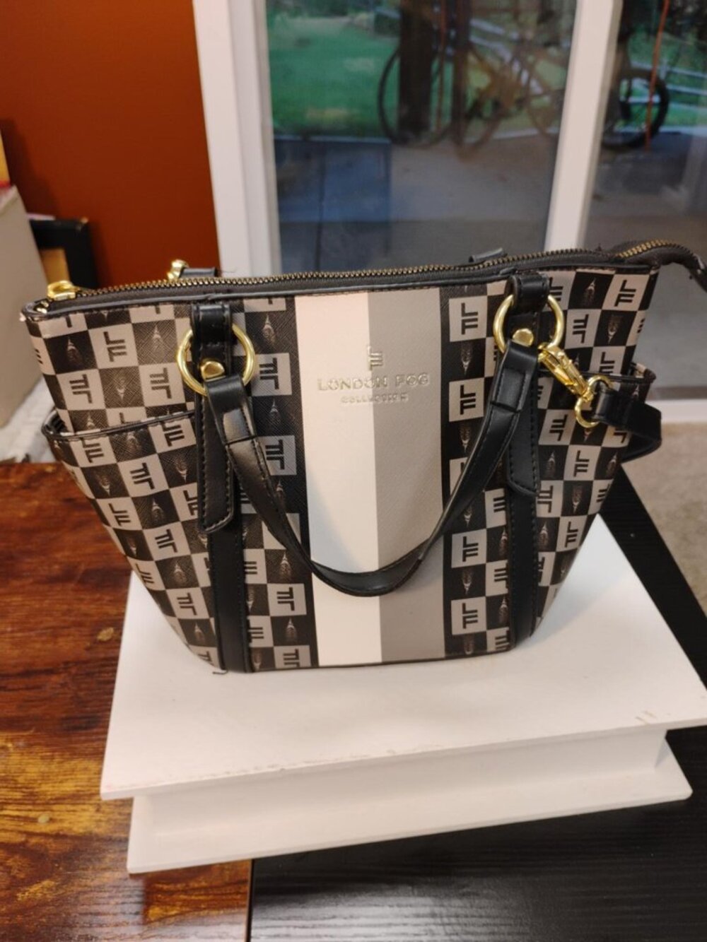 London Fog Collection Monogram Check Satchel Crossbody Bag Black Gold